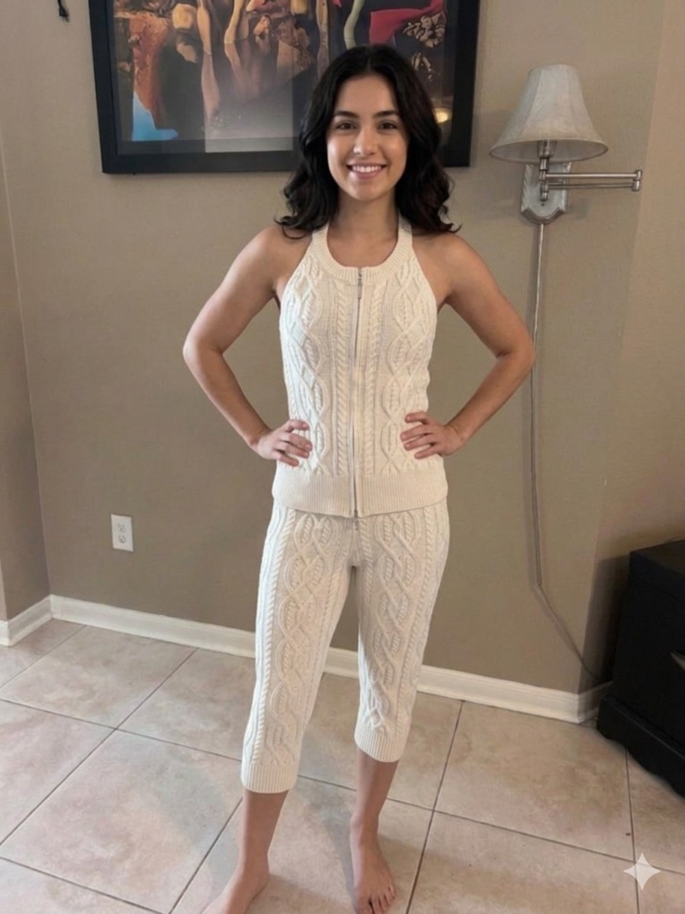 Fashion Nova Cream Cable-Knit Zip Halter Top & Capri Set